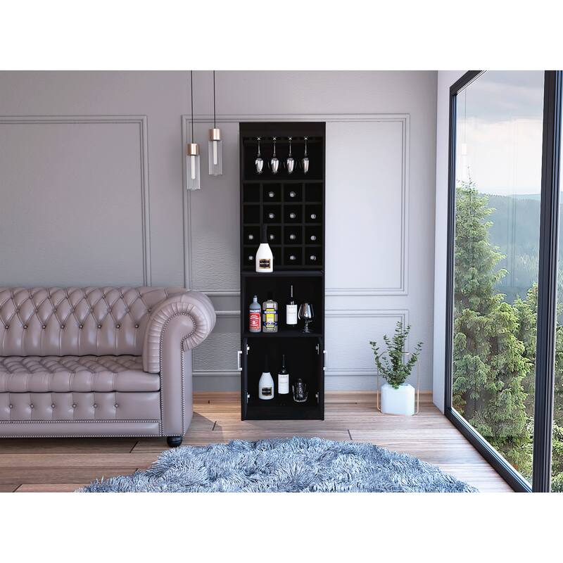TUHOME Kava Bar Cabinet with 16 Wine Cubbies, 12 Glass Racks, 1 Shelf, Concealable Serving Tray, and Double Door - N/A