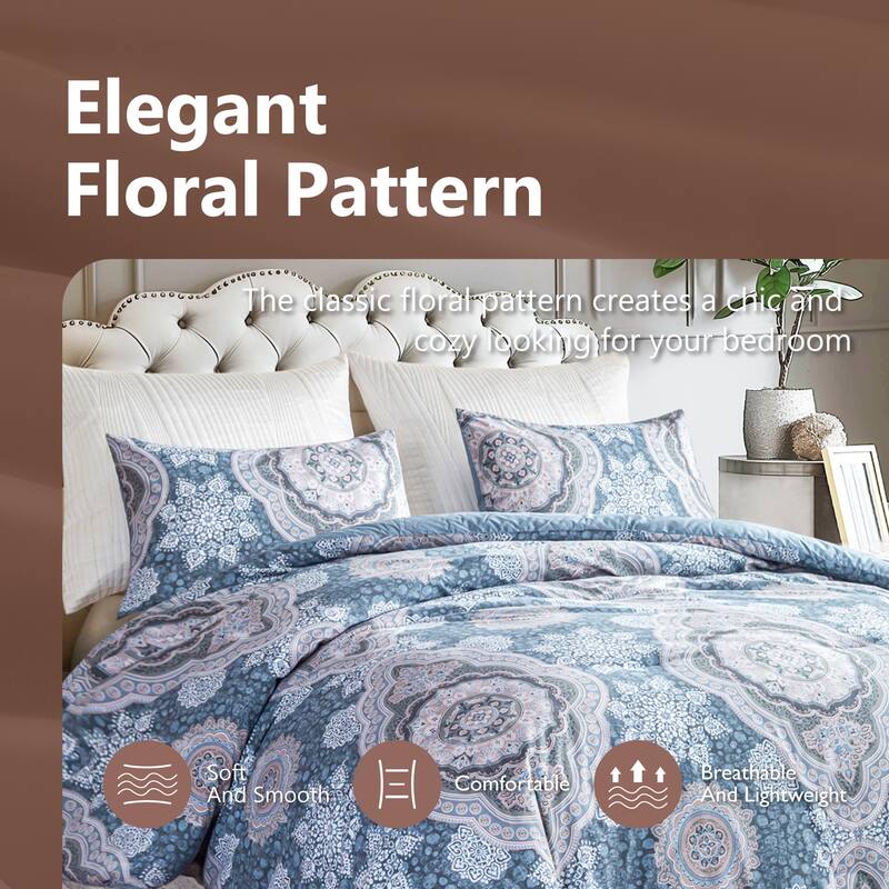 3-Piece 100% Cotton Comforter Set, Flower Pattern Printed Comforter and 2 Pillowcases for All Season
