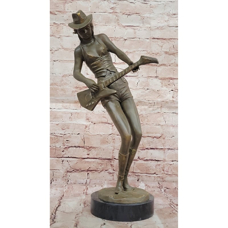 Rock And Roll Girl Guitarist Bronze Sculpture On Base