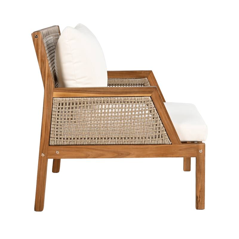 Roomfitters Acacia Wood Outdoor Club Chair with Wicker Accents, Deep Seating, Teak and Mix Brown