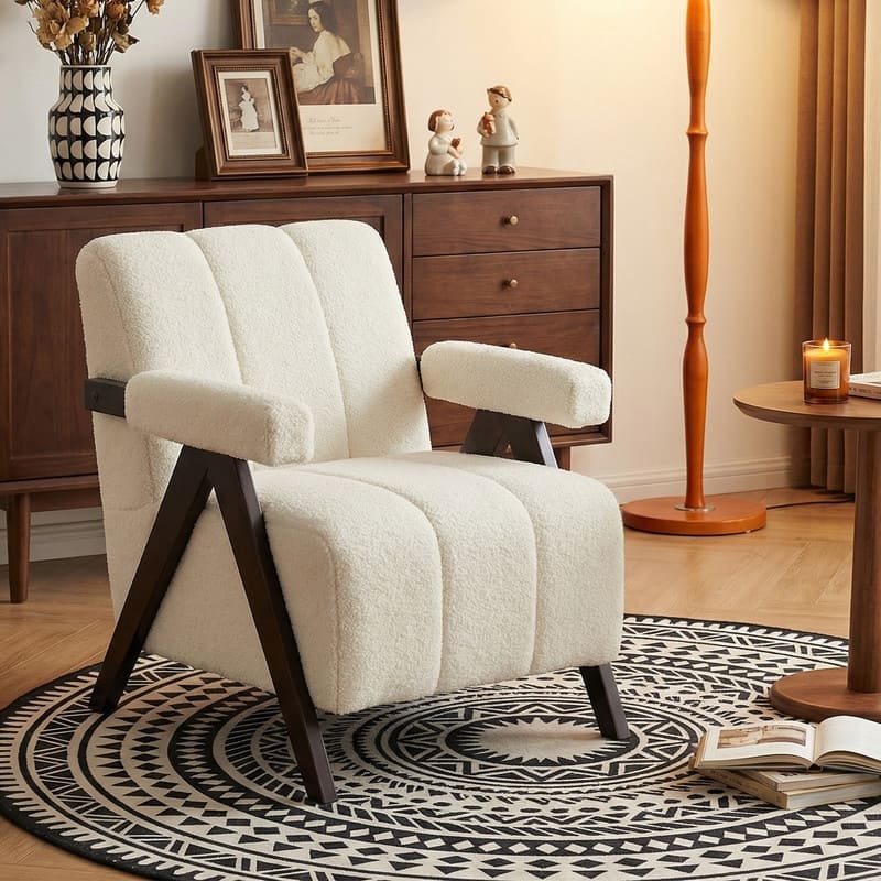Mid Century Modern Accent Chair, Solid Wood Upholstered Armchair with Wide Backrest and Thick Cushion