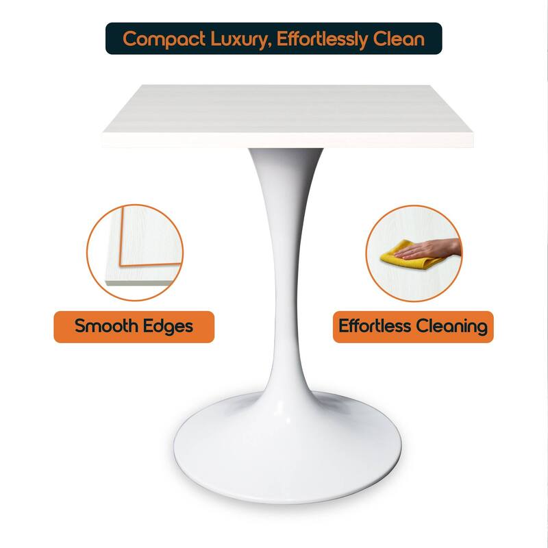 Verve 24 in. Wide Dining Table Square MDF Wood Tabletop in White Stainless Steel Pedestal Base Accent Kitchen Table