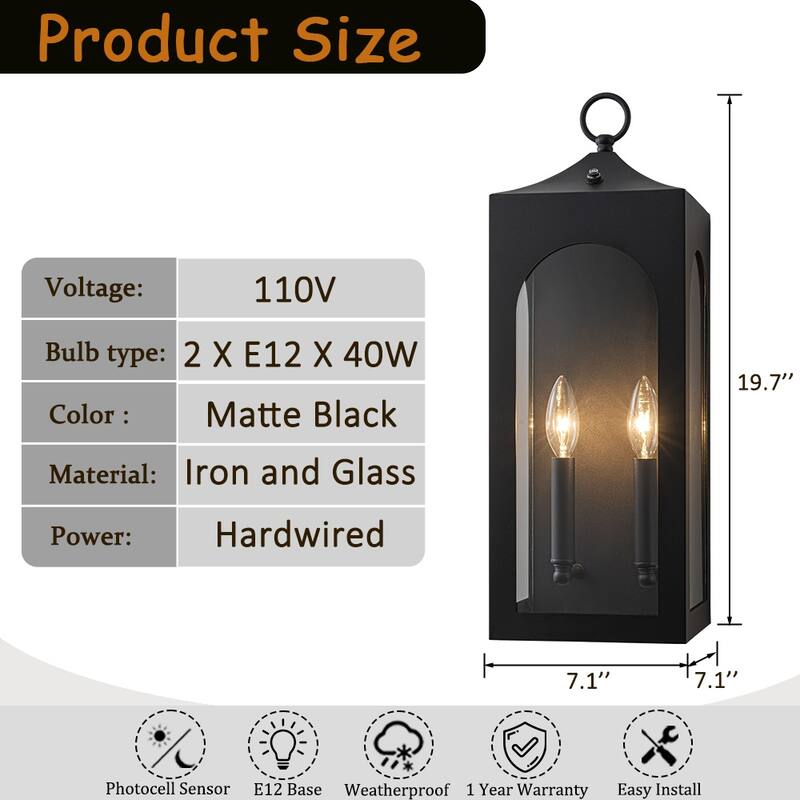 Unique/Statement Dusk to Dawn Outdoor Wall Light with Clear Glass Black Exterior Wall Sconce for Garage(2 Pack)