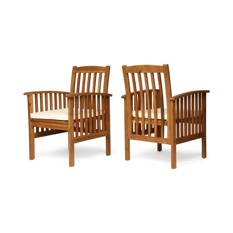 Gerry Dining Chair, Traditional Slat Design Brown Acacia Wood, Beige Fabric