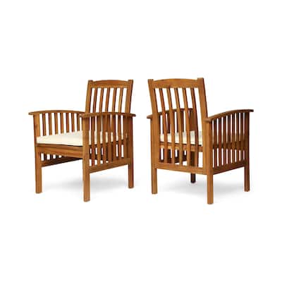 Gerry Dining Chair, Traditional Slat Design Brown Acacia Wood, Beige Fabric