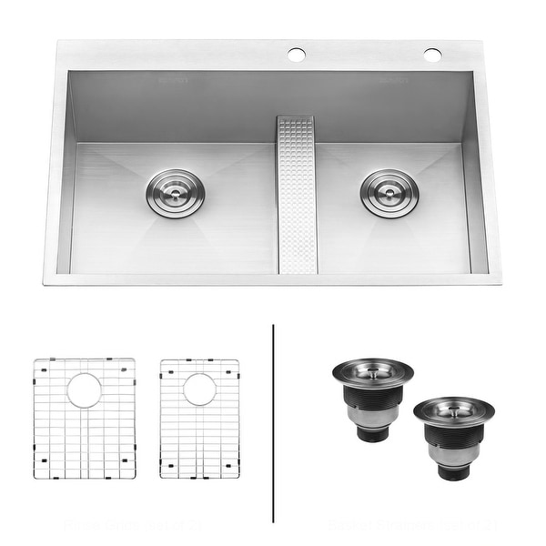 Ruvati RVH8059 Tirana 33" Drop In Double Basin 16 Gauge Stainless Steel Kitchen Sink with 2 Basin Racks and 2 Basket Strainers