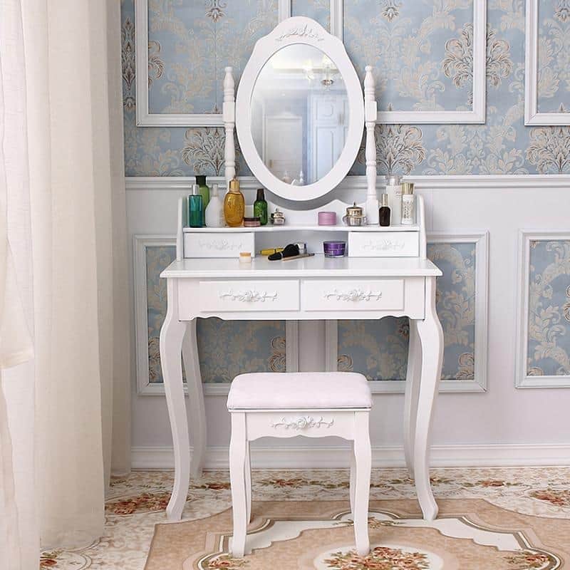 Rotation White Mirror Dressing Vanity Table Makeup Desk with Stool - (29.52 x 15.75 x 56.1)"