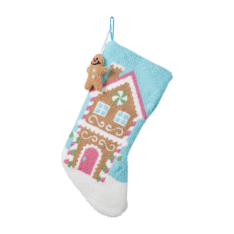 Glitzhome 21"L Hooked Yeti Gingerbread House Stocking with Gingerbread Man Ornament - Gingerbread House