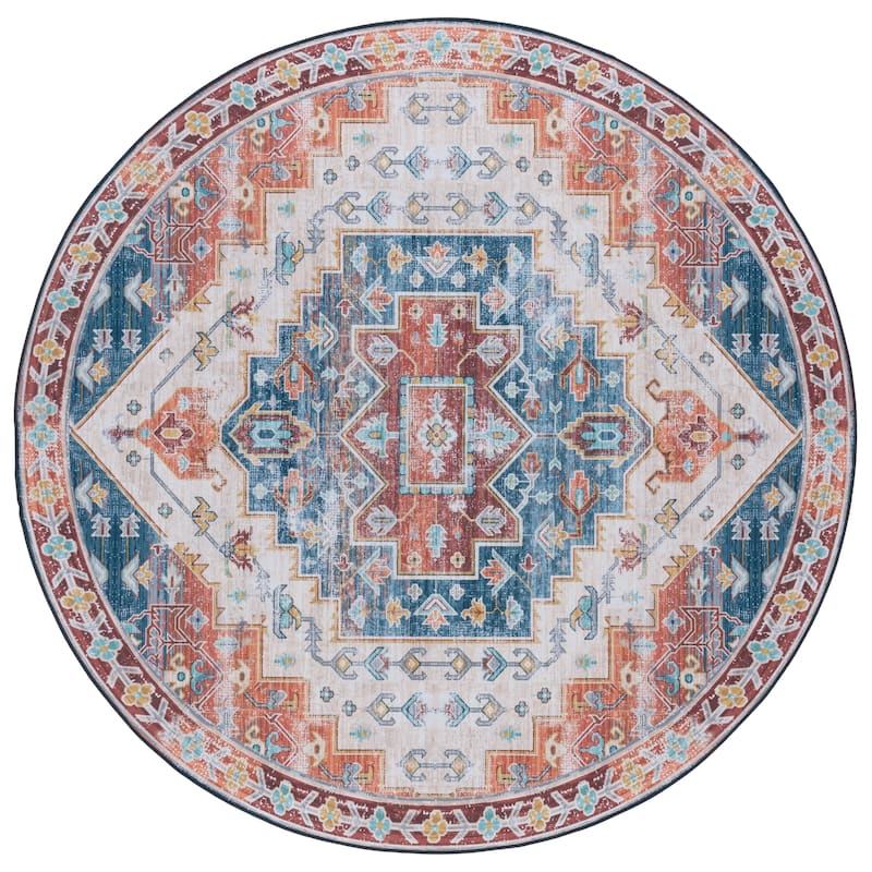 SAFAVIEH Tucson Machine Washable Slip Resistant Janeta Oriental Medallion - 6' x 6' Round - Blue/Rust - Round