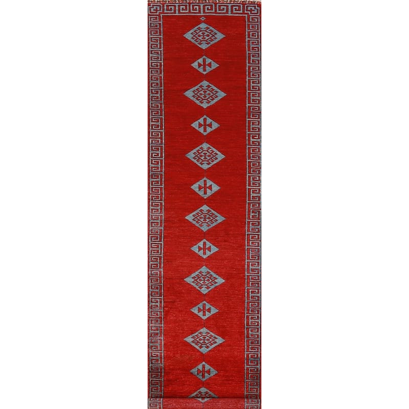Red Geometric Kazak Oriental Runner Rug Hand-Knotted Wool Carpet - 2'7" x 14'10"