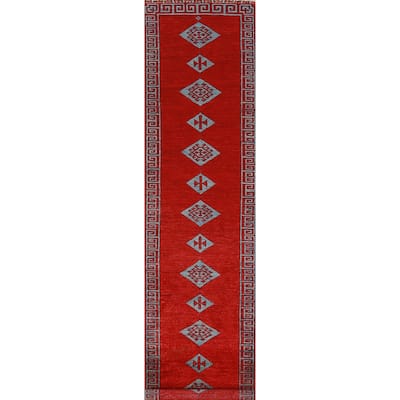 Red Geometric Kazak Oriental Runner Rug Hand-Knotted Wool Carpet - 2'7" x 14'10"
