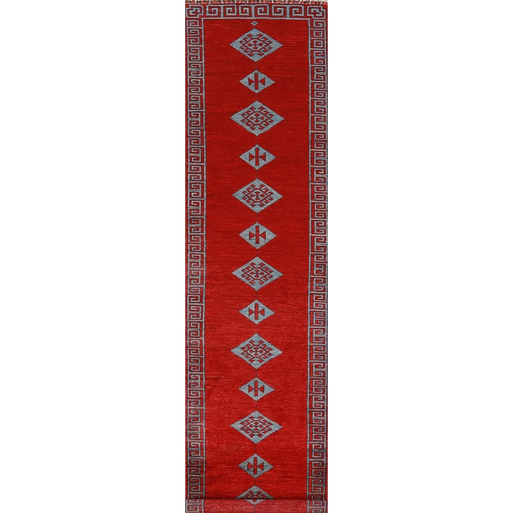 Hand Knotted Oriental 100% Wool Carpet Traditional Geometric Red Kazak Runner Rug - 14' 10'' X 2' 7''