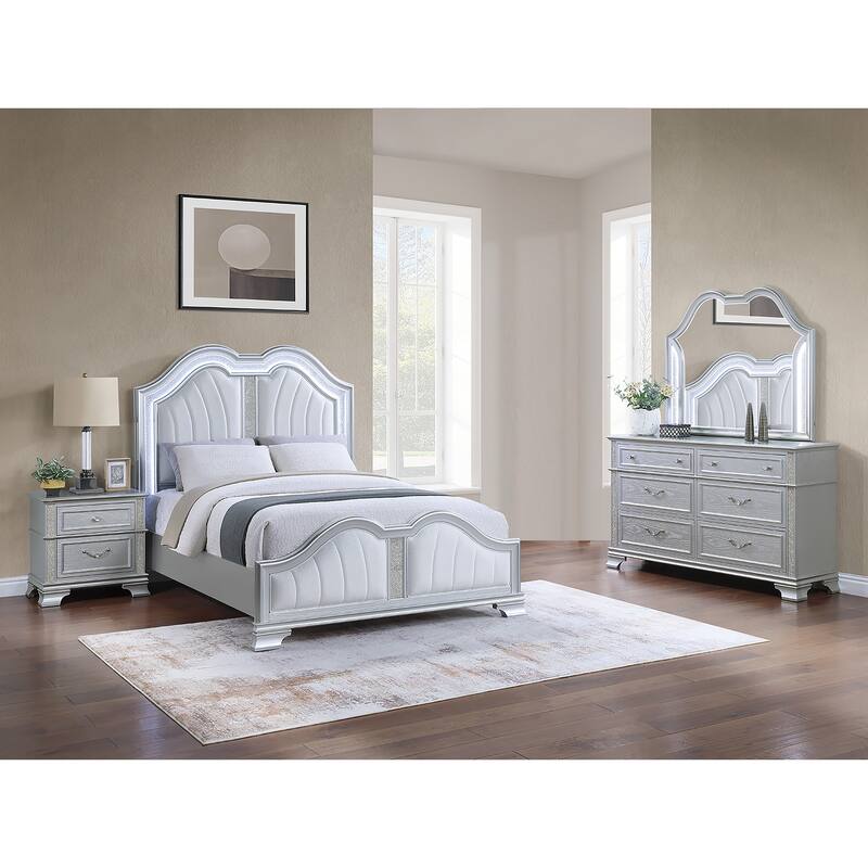 Traditional Style Light Gray Finish 4pc Bed Set Arched Headboard