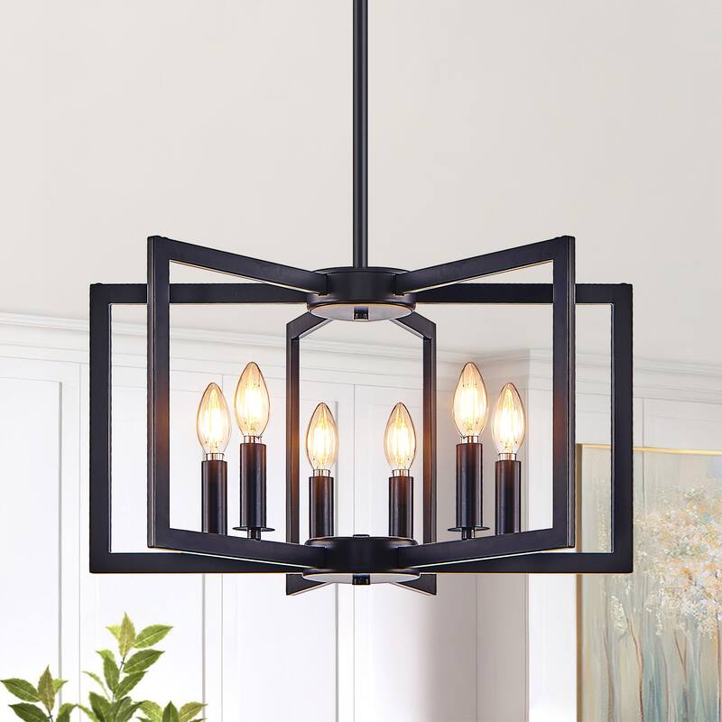 22" Modern Black Geometric 6-Light Chandelier, Metal Pendant Light Fixture for Living Room, Dining Room(Bulb Not Included) - Black