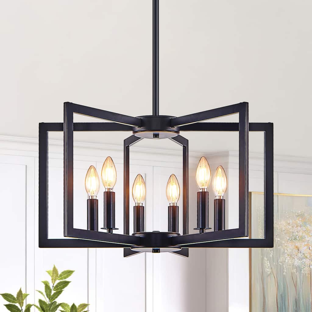 22" Modern Black Geometric 6-Light Chandelier, Metal Pendant Light Fixture for Living Room, Dining Room(Bulb Not Included)