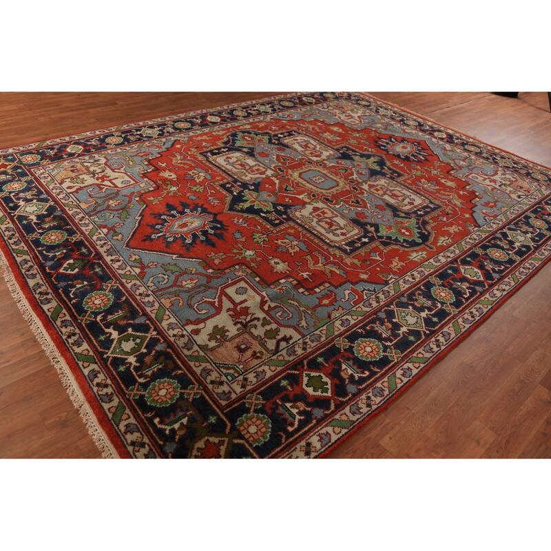 Orange Medallion Heriz Serapi Indian Rug Hand-Knotted Wool Carpet - 8'11"x 11'7"