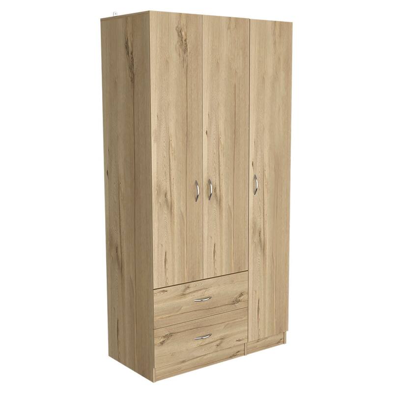 18.5" Modern Three-door Armoire with Hanging Rod, Two Bottom Drawers and Four Interior Shelves