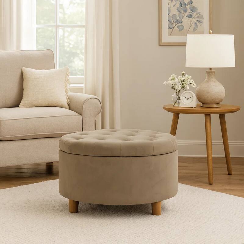 Jo Storage Ottoman, 28 Inch Round Tufted Lift Top, Fawn Brown Velvet