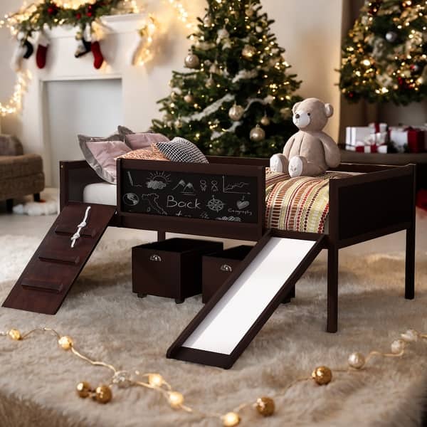 slide 2 of 11, Twin size Loft Bed Wood Bed with Double-sided Chalkboard, Espresso
