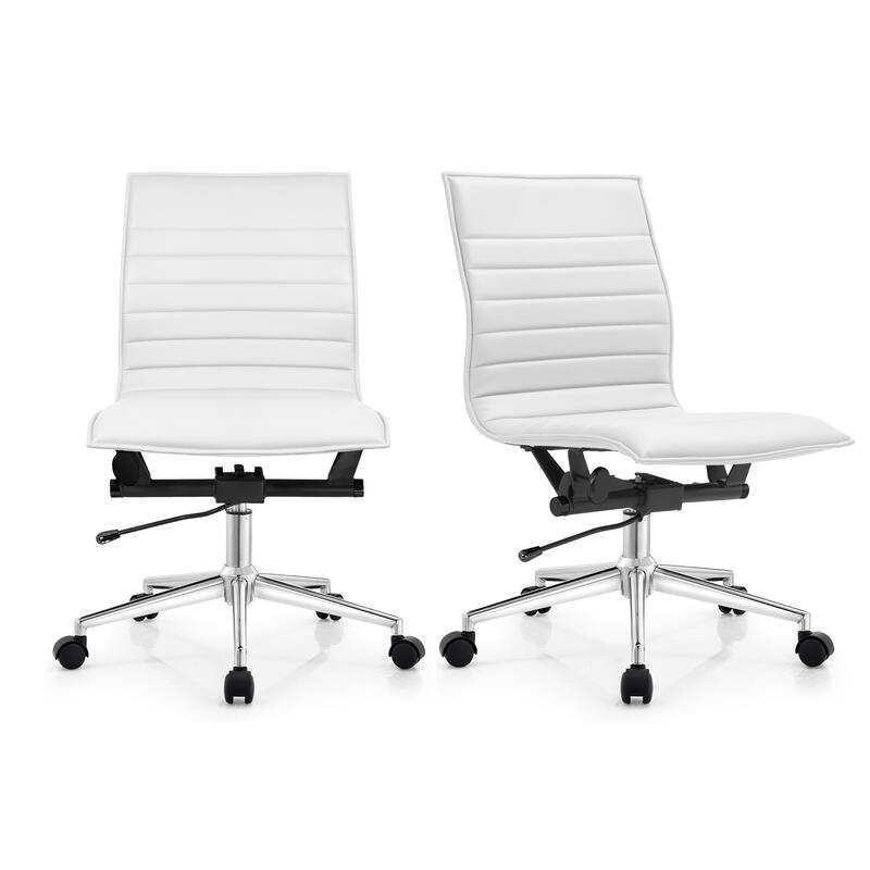 Set of 2 Modern Office Chairs, Upholstered PU Leather Ribbed Armless Mid Back with Metal Frame, Adjustable Height, Tilt