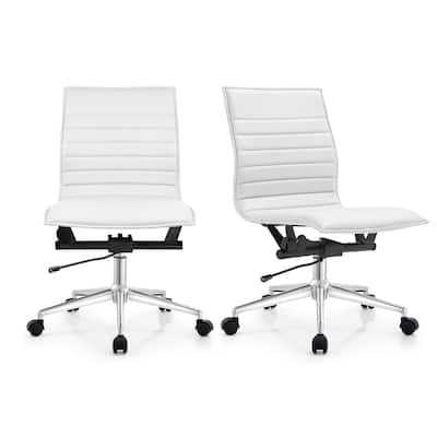 Set of 2 Modern Office Chairs | Upholstered PU Leather Ribbed Armless Mid Back with Metal Frame | Adjustable Height, Tilt
