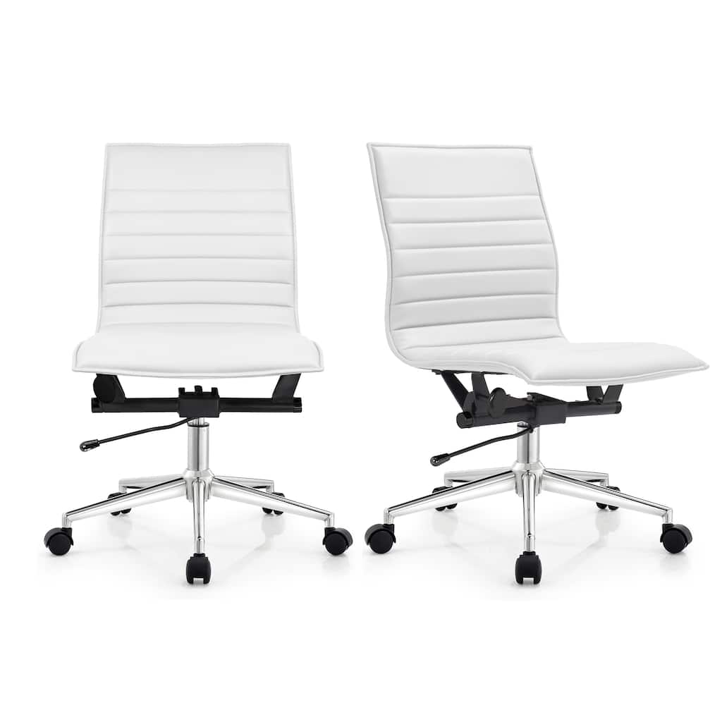 Set of 2 Modern Office Chairs | Upholstered PU Leather Ribbed Armless Mid Back with Metal Frame | Adjustable Height, Tilt