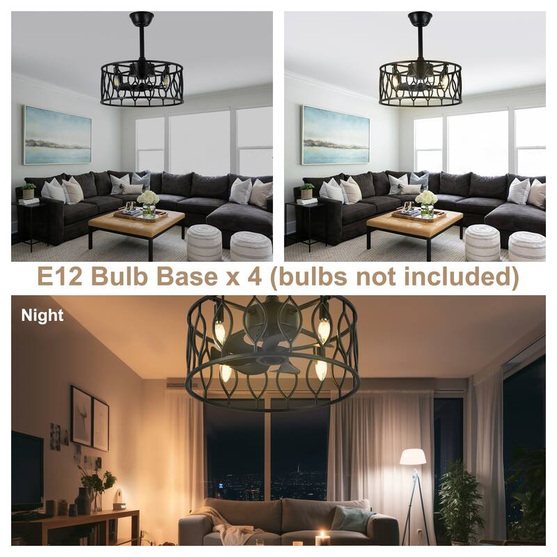 Bella Depot 19" Industrial Black Caged Ceiling Fan with Light Kit and Remote Control 6-Speed Reversible Motor - 18.9"