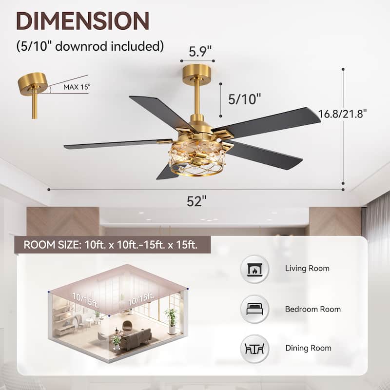 52" Reversible 5-Blade Farmhouse Glam Floral Glass Caged Ceiling Fan with Light and Remote
