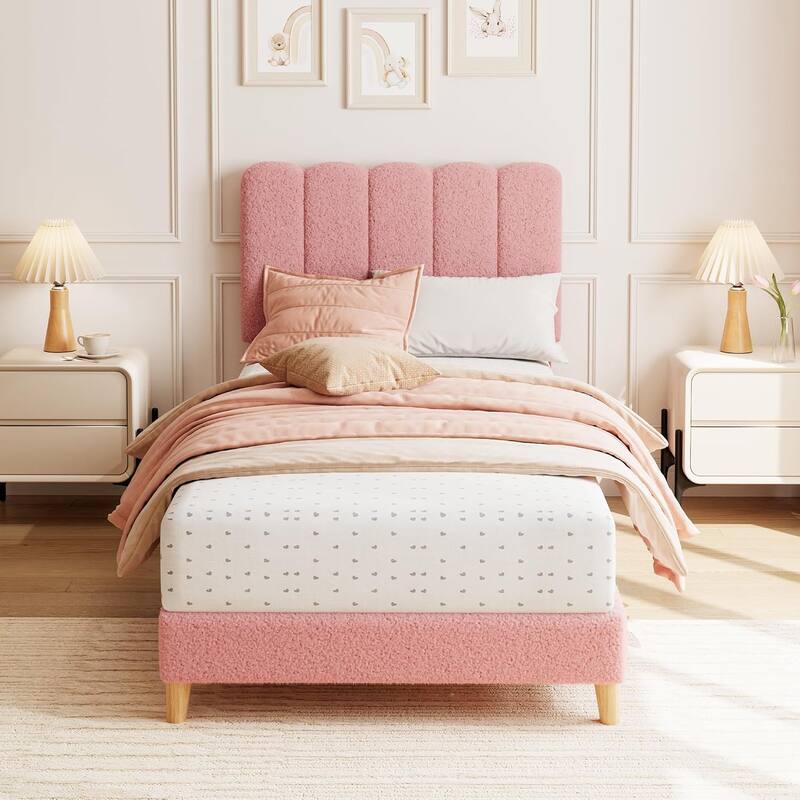 Twin Upholstered Platform Bed Frame with Wave Headboard, Wood Slats, No Box Spring Needed, for Kids or Teens - Twin XL - Pink