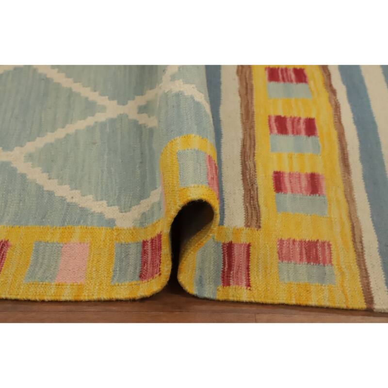 Hand Woven Oriental 100% Wool Carpet Southwestern Tribal Navy Blue & Blues Kilim Runner Rug - 8' 9'' X 2' 6''