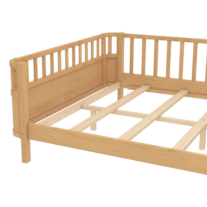 Multi Size Low Platform Bed for Kids with Rounded Corners Guardrails, Detachable Right-side Fence and Open Left-side Design