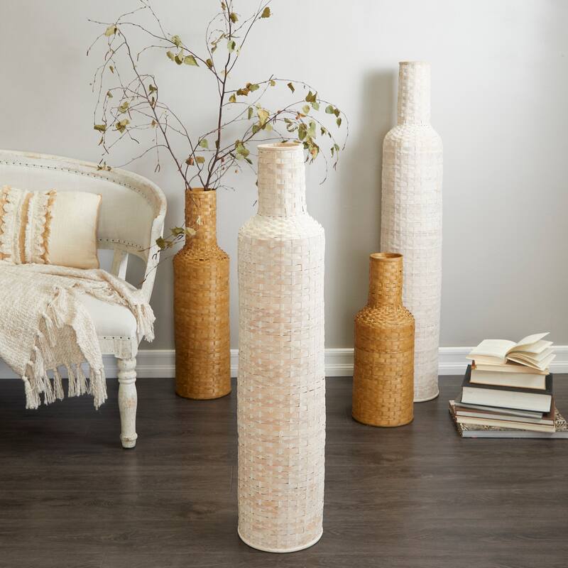 Intricately Woven Tall Bamboo Wood Floor Vase - White or Brown