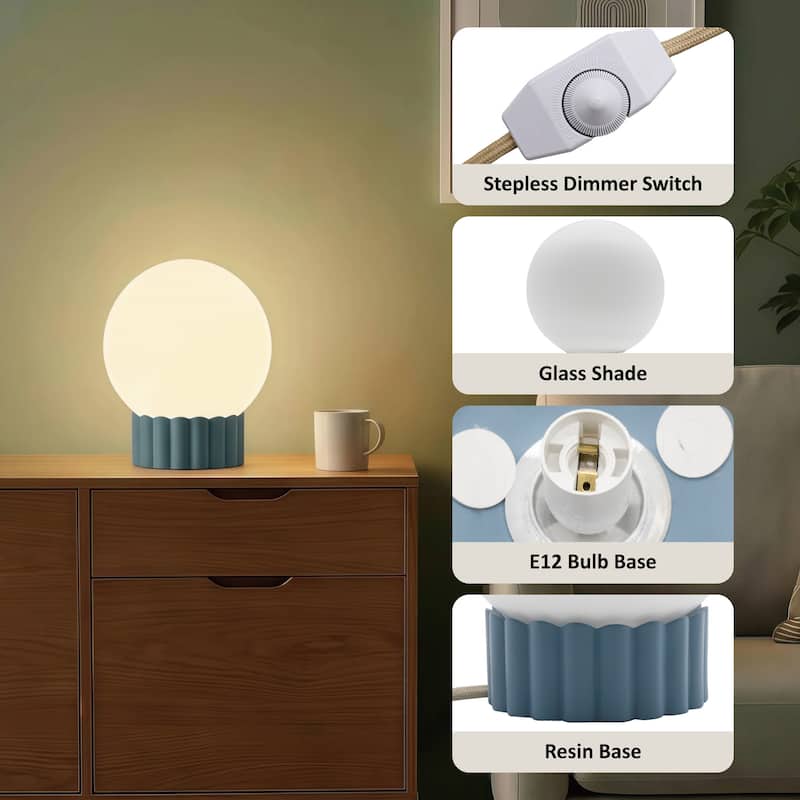 Modern 6.9" Opal Glass Globe Table Lamp with Fluted Resin Base, Dimmerable Rotary Switch, Accent Lighting (Bulb Not Included)