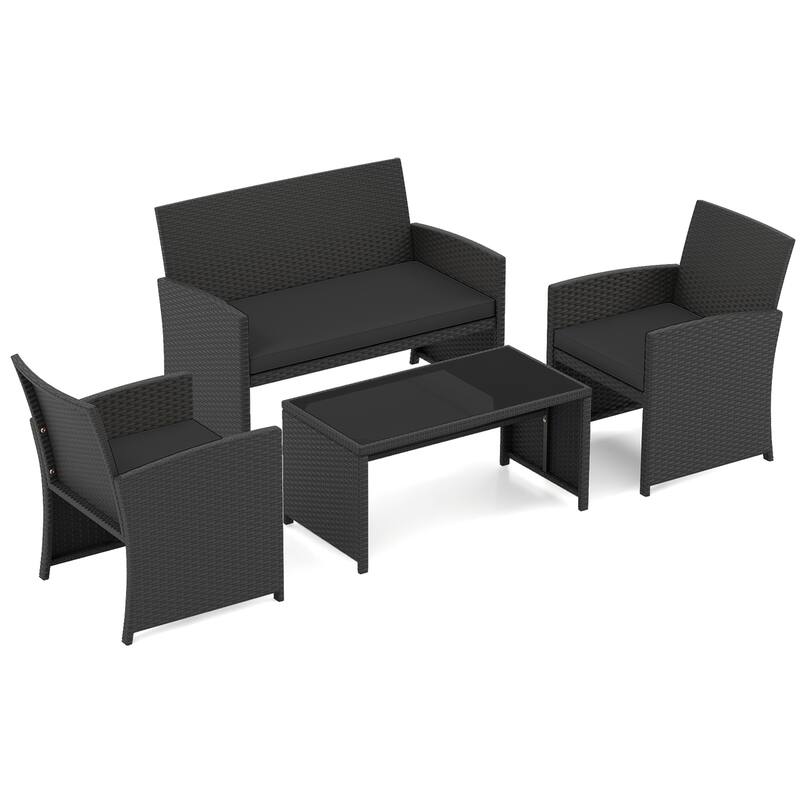 4 Piece Outdoor Patio Furniture Set Black Rattan Loveseat Armchairs and Coffee Table with Cushions