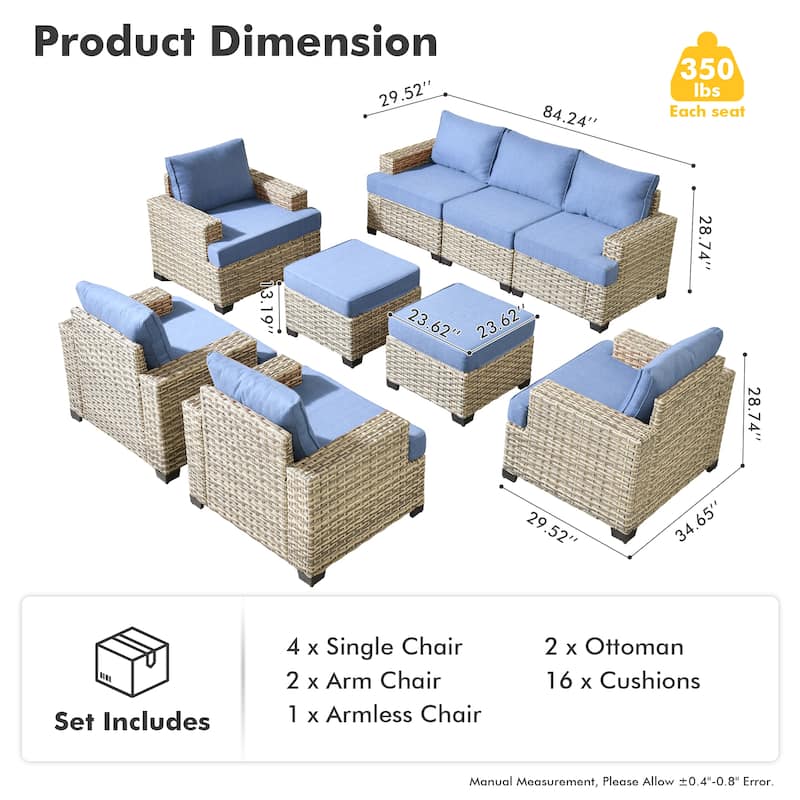 OVIOS 9 Pieces T shaped Seat Wide Armrest Set With Ottoman