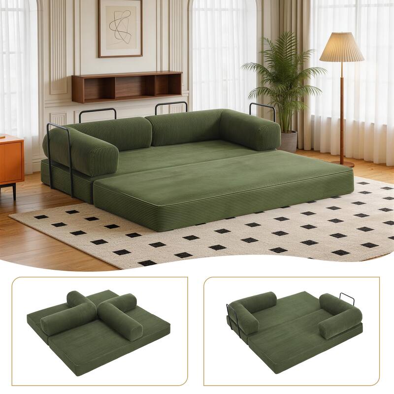 Set of 2 Corduroy Fully Compressed Convertible Sleeper Sofa with Metal Frame