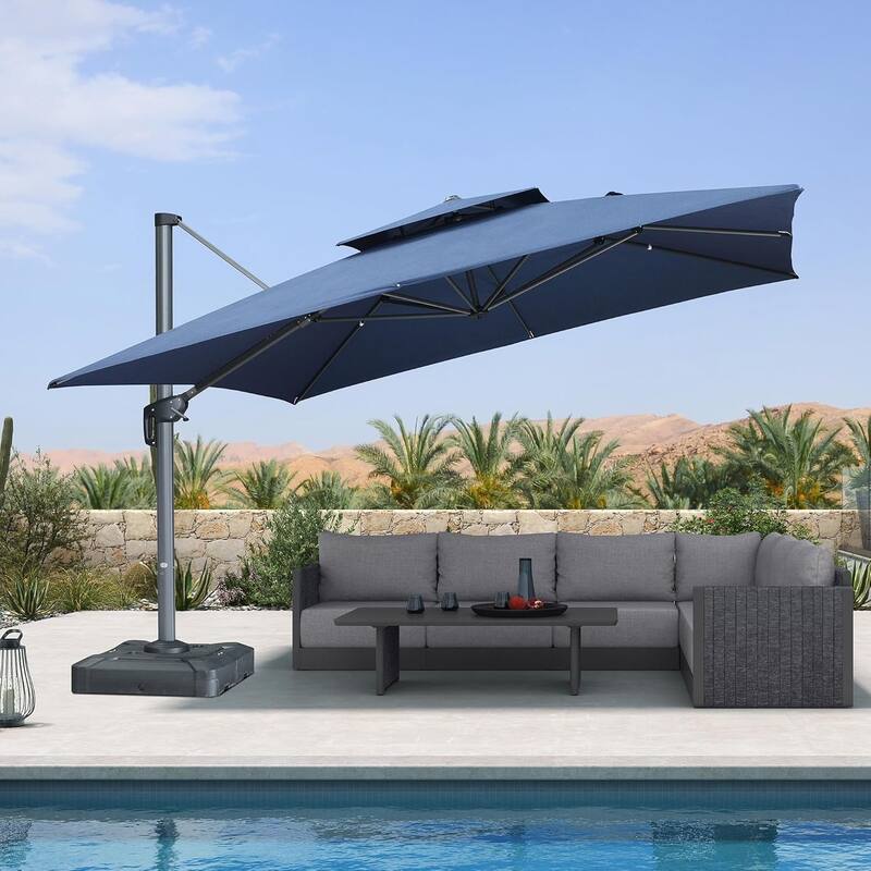 PURPLE LEAF 10/12 ft Square Heavy Duty Large Offset Hanging 360°Rotation Patio Cantilever Umbrella with Base - Navy Blue/12ft