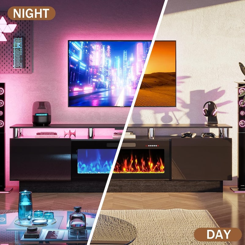 BOSSIN Modern 80" TV Stand with 36" Fireplace & LED Lights for TVs Up to 90", White with Golden Pillars, Storage Cabinets