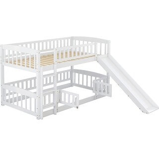 Twin Over Twin Wooden Bunk Bed,Low Bunk Bed with Built-In Ladders and Slides
