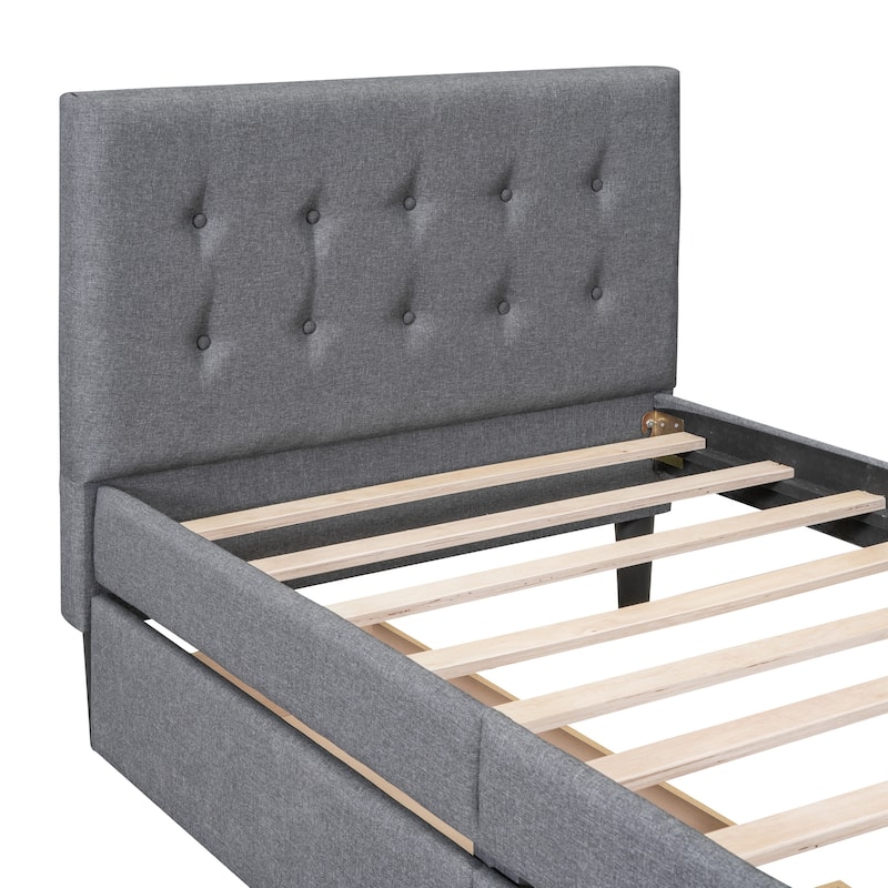 Grey Upholstered Twin Platform Bed with Button Tufted Headboard and Storage Drawers