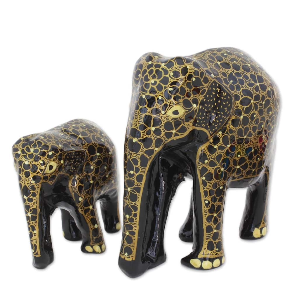 NOVICA Handmade Elephant Affection Wood And Papier Mache Sculptures (Pair) India - 12.5 cm H x 12 cm W x 6.5 cm D