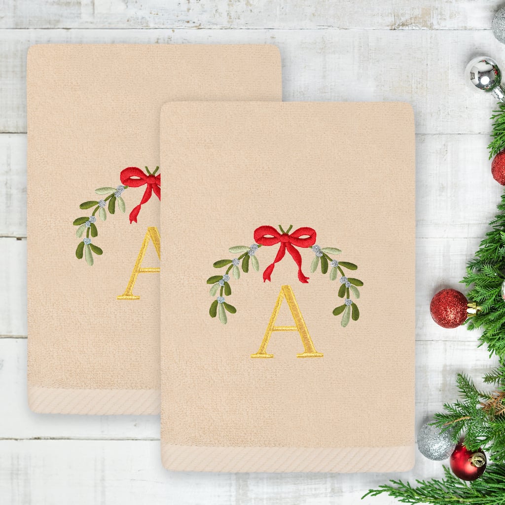 Authentic Hotel and Spa Christmas MISTLETOE MONOGRAM Embroidered Luxury 100% Turkish Cotton Hand Towels Set of 2