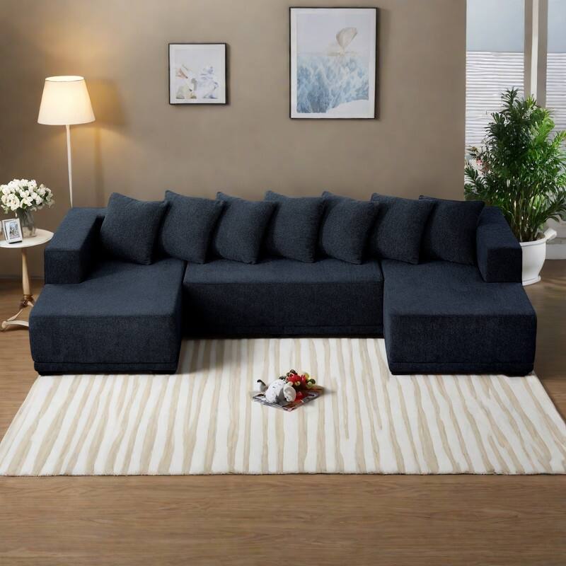 128" Chenille U-Shaped Sectional Sofa with Cloud Couch Comfort, Modular Design and No Assembly Required - Blue