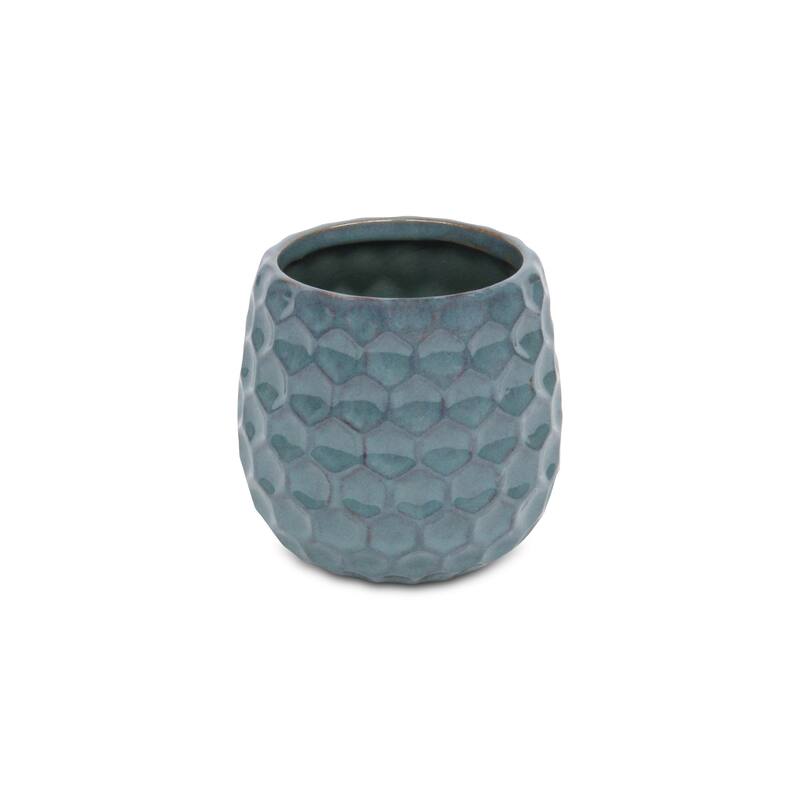 HomeRoots Blue Ceramic 15 Ounce Round Distressed Pot Planter - 4.50 in. x 4.25 in. x 4.50 in.