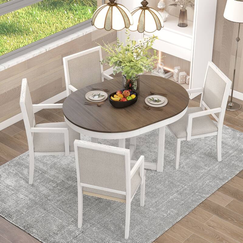 5Piece Dining Table Set with Extendable Butterfly Leaf Round Table & 4