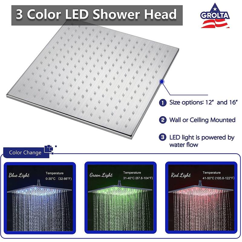 16" LED Wall Mount Rainfall 3 Way Thermostatic Shower System with Slide Bar, 6 Jets