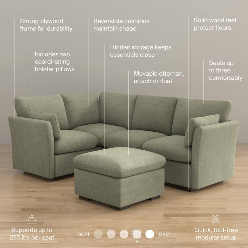 Bush Home Sienna Modular 3-Seater Sectional with Storage Ottoman