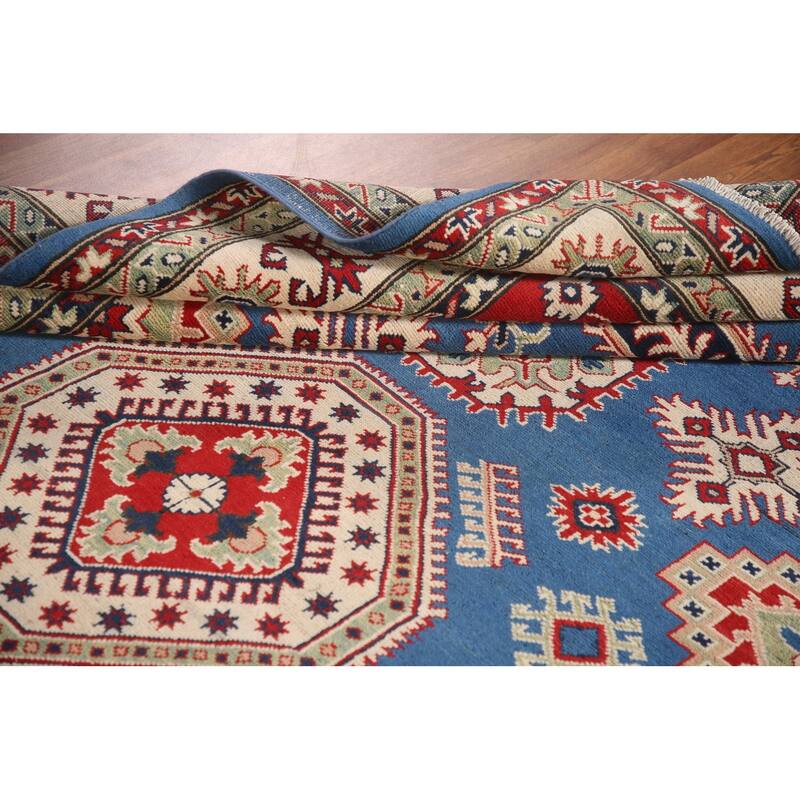 Blue Geometric Kazak Area Rug Handmade Oriental Wool Carpet - 6'8" x 9'9"