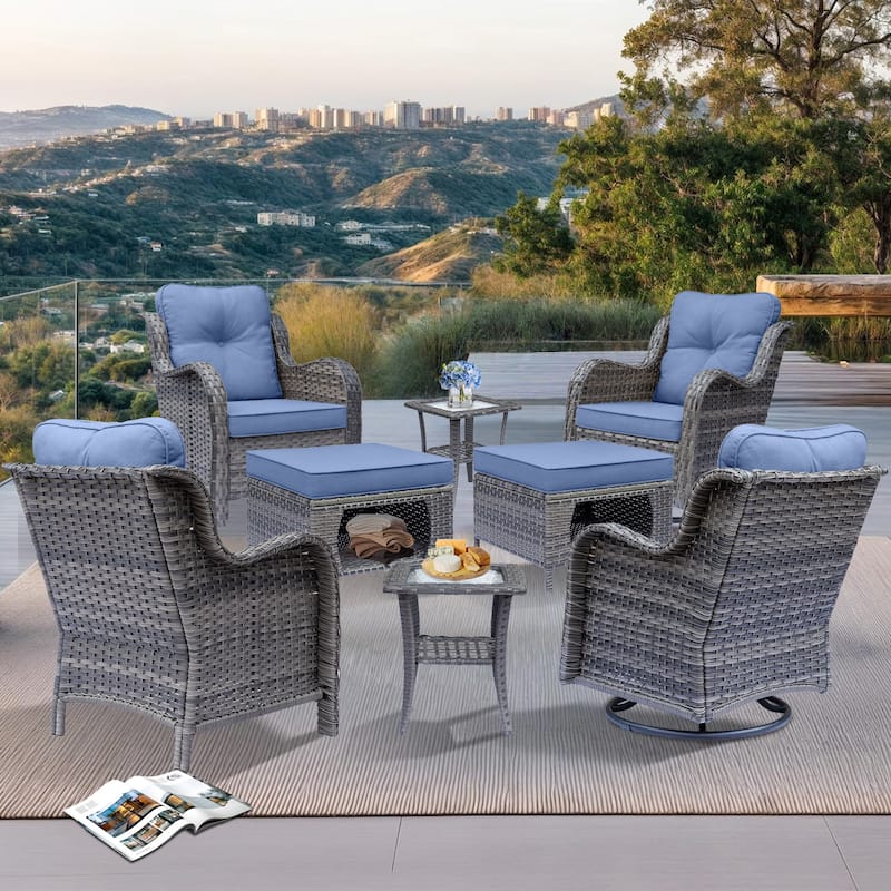 8 Piece Outdoor Wicker Patio Furniture Swivel Glider Chair Ottoman Set - Denim Blue-Gray Rattan