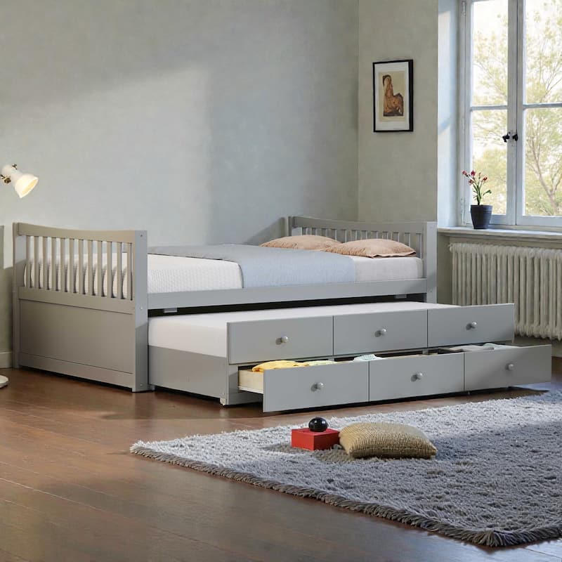 Daybed with Trundle and 3 Drawers, Solid Wood Twin/Full Daybed with Storage, Space-Saving Guest Bed - Grey - Full